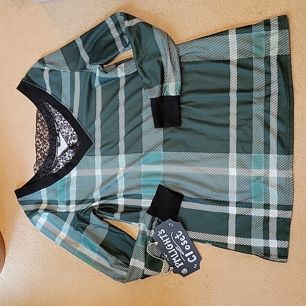 Lily by Firmiana Tunic XL Green Black White Plaid Stripes Lace